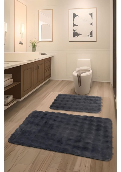 Bubble Tavşan Tüyü, Kaymaz Taban, Süper Soft, Ultra Lüks, Makinede Yıkanabilir 2'li Banyo Paspası