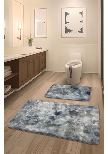 Bubble Tavşan Tüyü, Kaymaz Taban, Süper Soft, Ultra Lüks, Makinede Yıkanabilir 2'li Banyo Paspası