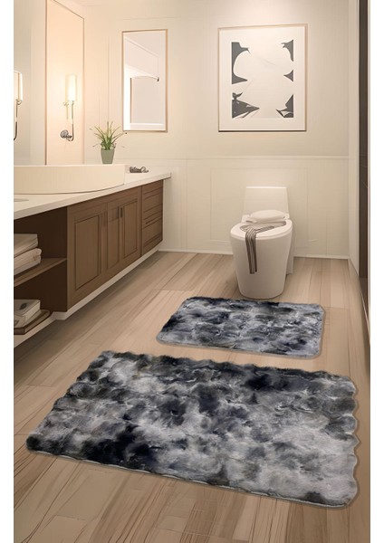 Bubble Tavşan Tüyü, Kaymaz Taban, Süper Soft, Ultra Lüks, Makinede Yıkanabilir 2'li Banyo Paspası Gri Eskitme