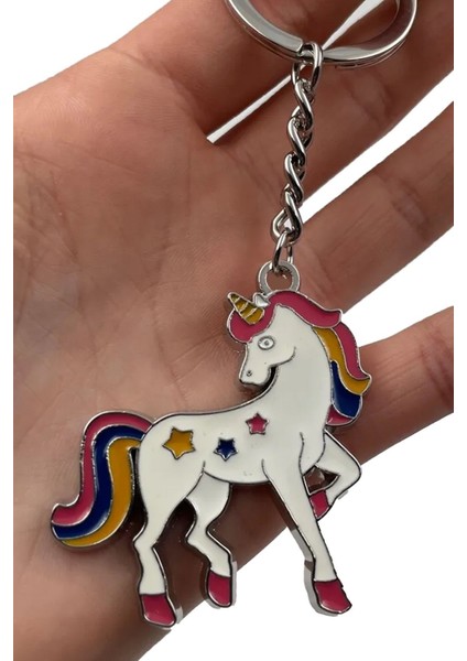 Unicorn Şeklinde Gökkuşağı Renkli Beyaz Tatlı Tek Boynuzlu Sevimli Anahtarlık 2'li Çift Anahtarlığı