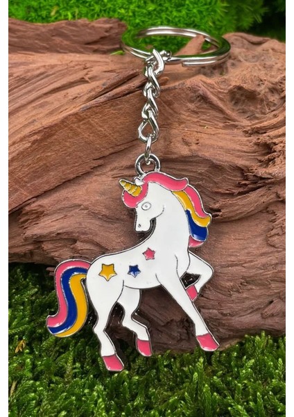 Unicorn Şeklinde Gökkuşağı Renkli Beyaz Tatlı Tek Boynuzlu Sevimli Anahtarlık 2'li Çift Anahtarlığı