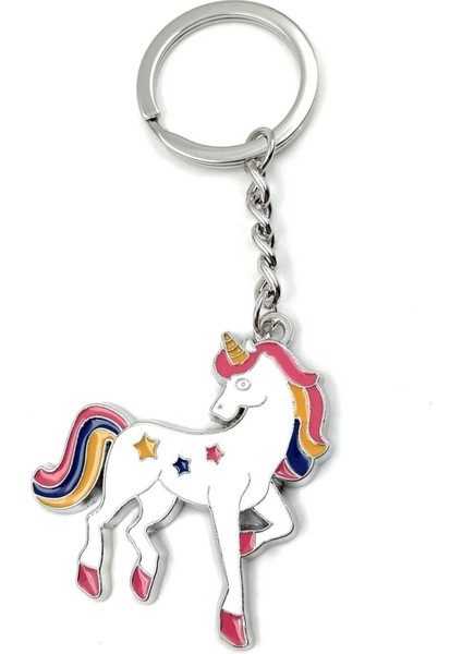 Unicorn Şeklinde Gökkuşağı Renkli Beyaz Tatlı Tek Boynuzlu Sevimli Anahtarlık 2'li Çift Anahtarlığı