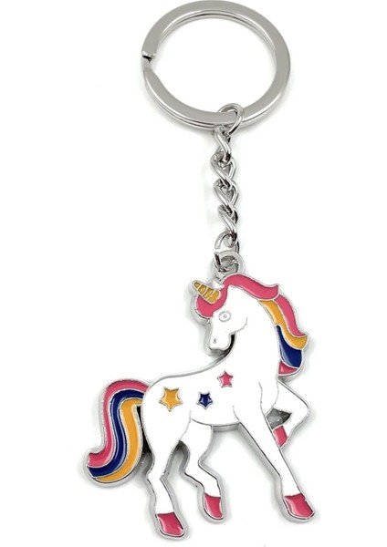 Unicorn Şeklinde Gökkuşağı Renkli Beyaz Tatlı Tek Boynuzlu Sevimli Anahtarlık 2'li Çift Anahtarlığı