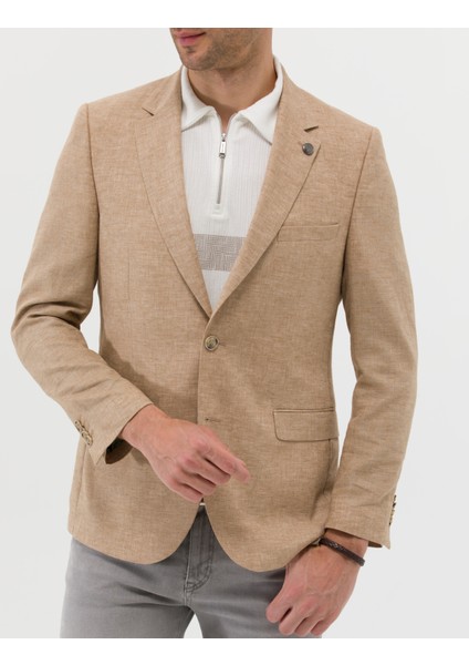 Erkek Camel Ekstra Slim Fit Keten Karışımlı Blazer Ceket 50264619-VR015