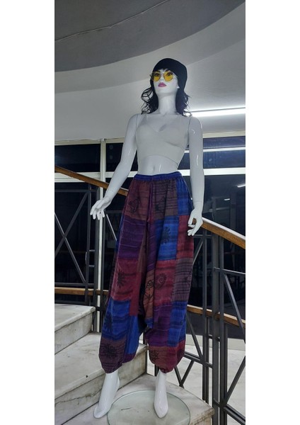 Hint Otantik Yıkamalı Taşlanmış Patchwork Uniseks Şalvar Pantolon (100 Cm)