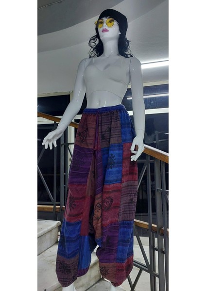 Hint Otantik Yıkamalı Taşlanmış Patchwork Uniseks Şalvar Pantolon (100 Cm)