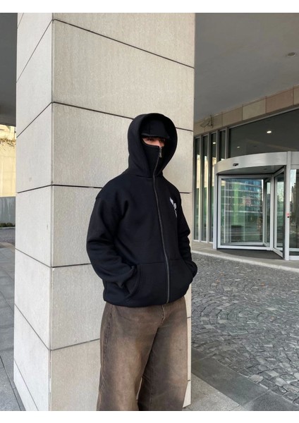 Samuray Kapşonlu Zıp Fermuarlı Kapşonlu Sweatshirt - Siyah
