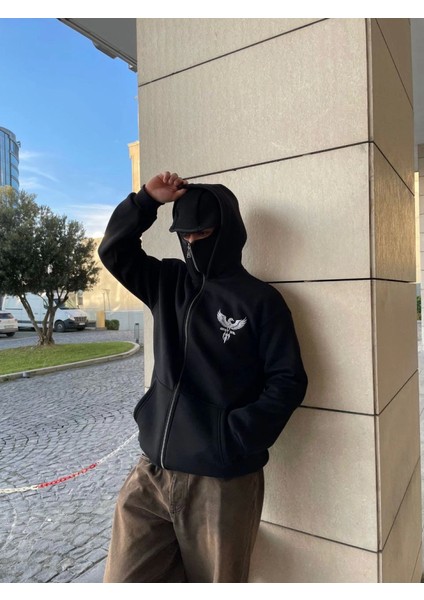Samuray Kapşonlu Zıp Fermuarlı Kapşonlu Sweatshirt - Siyah fiyatları