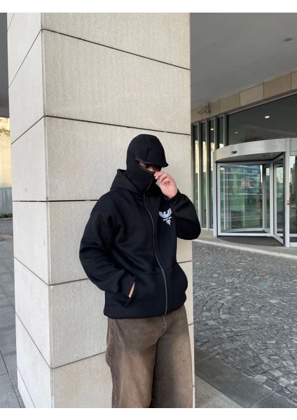 Samuray Kapşonlu Zıp Fermuarlı Kapşonlu Sweatshirt - Siyah fırsatları