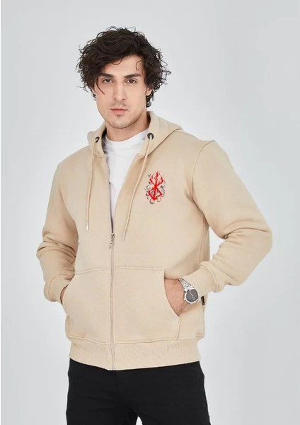 Baskılı Tam Fermuarlı Kapşonlu Sweatshirt - Bej