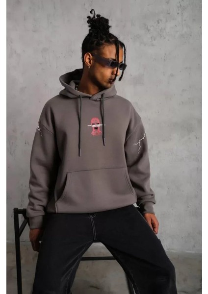Erkek Maske Baskılı Kapüşonlu Sweat - Gri modelleri