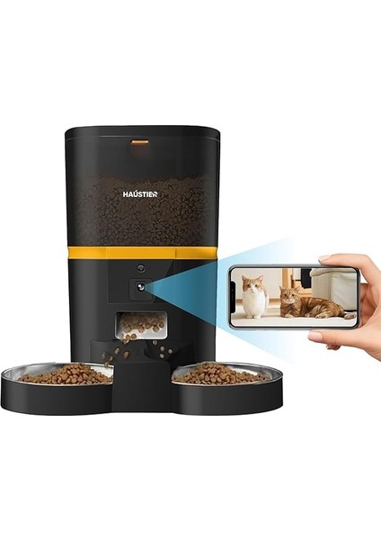 Haustier QQ025-DUAL Kameralı Akıllı Kedi Köpek Otomatik Mama Kabı, App Uzaktan Kontrol, Sesle Çağırma, 480P Kamera, 4lt Hazne, Çift Metal Kase