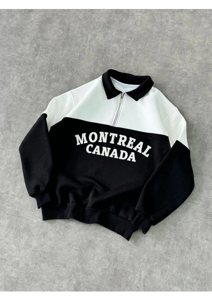 Yarım Fermuarlı Parçalı Yakalı Sweatshirt - Siyah modelleri