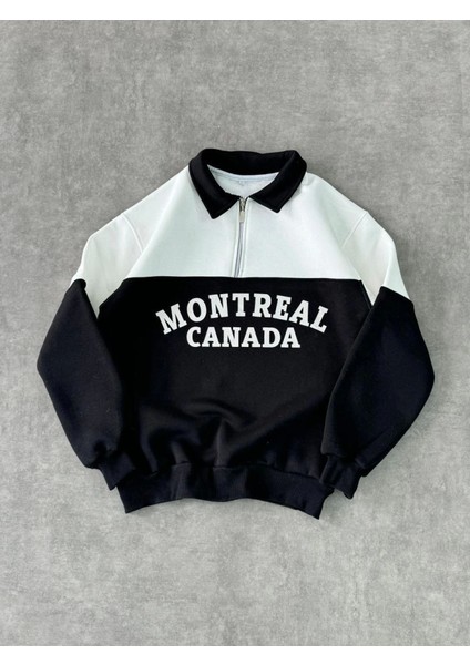 Yarım Fermuarlı Parçalı Yakalı Sweatshirt - Siyah fırsatları