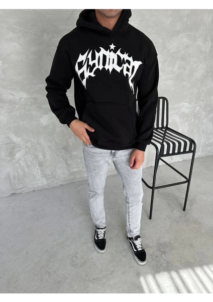 Modamuvo Unisex Üç Iplik Kapşonlu Baskılı Sweatshirt - Siyah