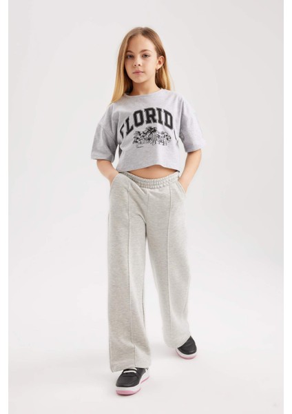 Kız Çocuk Gri Wide Leg Geniş Paça Basic Düz Pamuklu Pantolon B7784A8NS