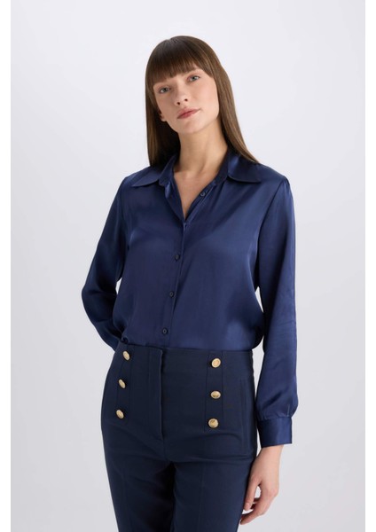 Regular Fit Saten Uzun Kollu Gömlek E1783AX24WN