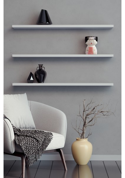 80 cm 3lü Mat Beyaz Mdf Uçan Duvar Rafı Gizli Bağlantı Kitaplık