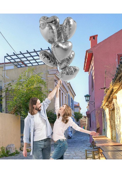 Metalize Parlak Gümüş Kalp Şekilli Uçan Balon Folyo 18 Inç 45 cm 10 Adet (4738)
