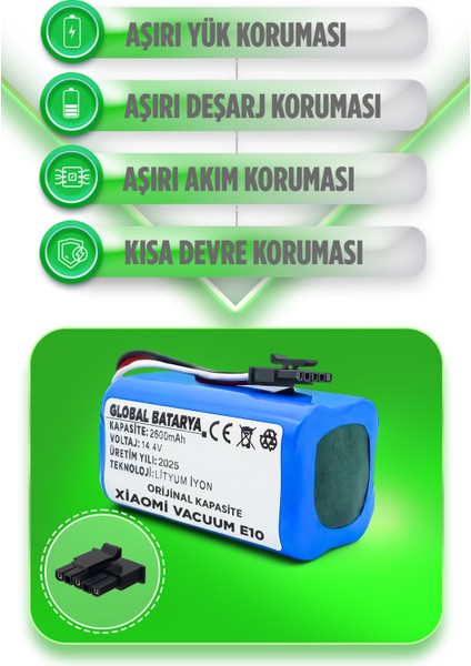Xiaomi Vacuum E10 Uyumlu Akıllı Robot Süpürge Bataryası 14.4V 2600MAH Pil (Orijinal Kapasite)