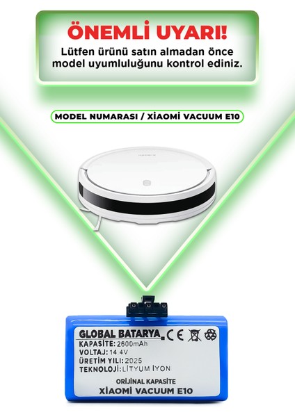 Xiaomi Vacuum E10 Uyumlu Akıllı Robot Süpürge Bataryası 14.4V 2600MAH Pil (Orijinal Kapasite)