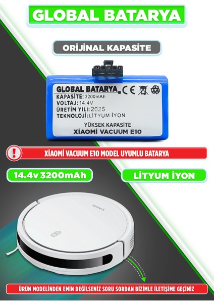 Xiaomi Vacuum E10 Uyumlu Akıllı Robot Süpürge Bataryası 14.4V 3200MAH Pil (Yüksek Kapasite)