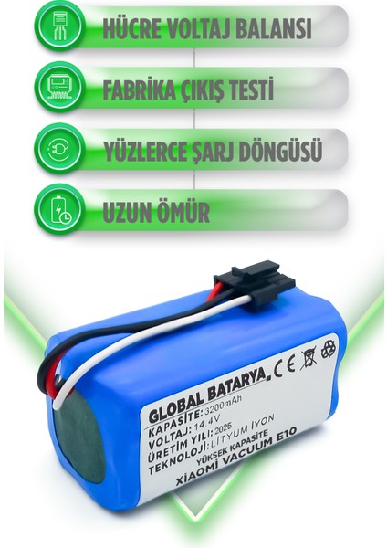 Xiaomi Vacuum E10 Uyumlu Akıllı Robot Süpürge Bataryası 14.4V 3200MAH Pil (Yüksek Kapasite)