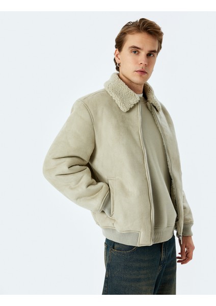 Slim Fit Fermuarlı Içi Peluş Suni Süet Ceket