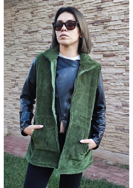 Kadın Haki Yeşil Dik Yaka Kalın Peluş Fermuarlı Yelek 24KYLKK215 modelleri