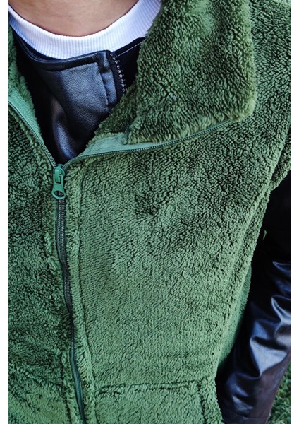 Kadın Haki Yeşil Dik Yaka Kalın Peluş Fermuarlı Yelek 24KYLKK215 fırsatları