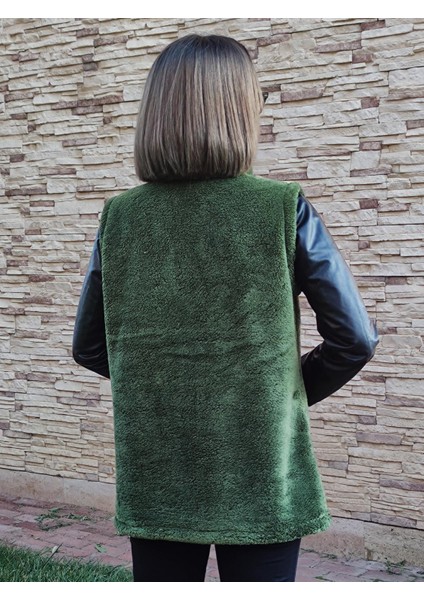 Kadın Haki Yeşil Dik Yaka Kalın Peluş Fermuarlı Yelek 24KYLKK215 indirimleri