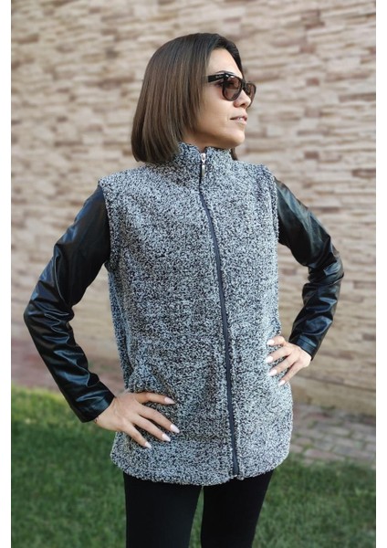 Kadın Gri Melanj Dik Yaka Kalın Peluş Fermuarlı Yelek 24KYLKK215