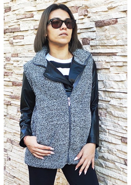 Kadın Gri Melanj Dik Yaka Kalın Peluş Fermuarlı Yelek 24KYLKK215 modelleri