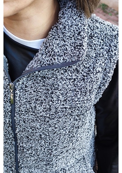 Kadın Gri Melanj Dik Yaka Kalın Peluş Fermuarlı Yelek 24KYLKK215 indirimleri