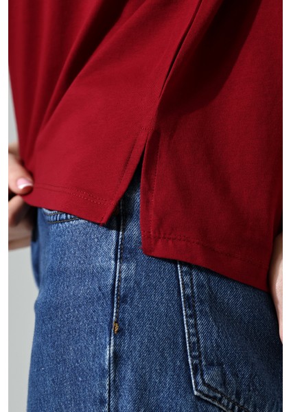 Pamuklu Bisiklet Yaka Basic Regular Size Yanları Yırtmaçlı Kadın T-Shirt 21929 Bordo fiyatları