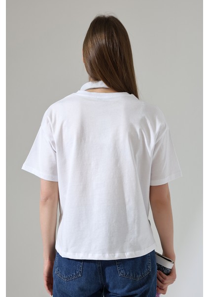Pamuklu Bisiklet Yaka Basic Regular Size Yanları Yırtmaçlı Kadın T-Shirt 21929 Beyaz