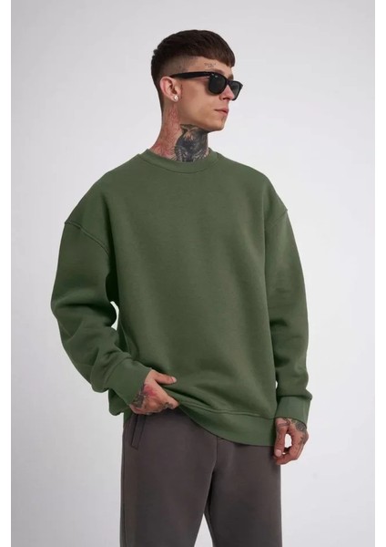 Unisex Biskilet Yaka Üç Iplik Sweatshirt - Haki