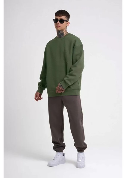 Unisex Biskilet Yaka Üç Iplik Sweatshirt - Haki modelleri