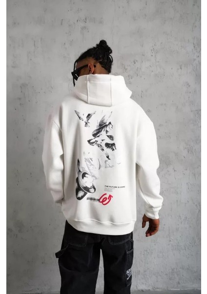 By Kea Erkek Şapkalı Güvercin Baskılı Kapşonlu Sweat - Beyaz