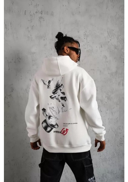 By Kea Erkek Şapkalı Güvercin Baskılı Kapşonlu Sweat - Beyaz fırsatları