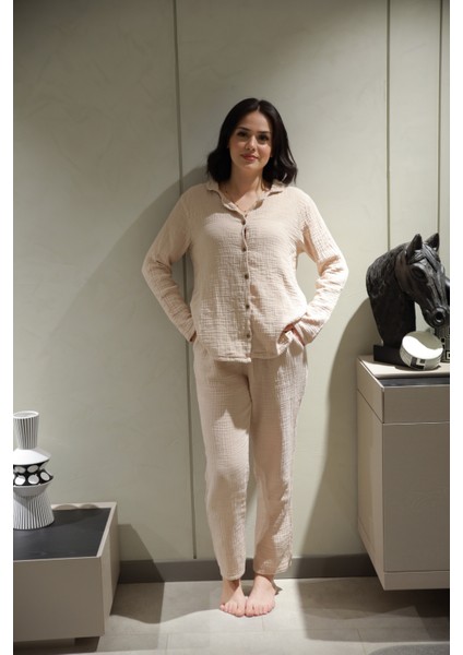 Doğal Pamuk Uzun Kollu Müslin Kadın Pijama Takımı