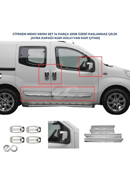 Citroen Nemo 3'lü Krom Set Yan Kapı Çıtası+Kapı Kolu+ Ayna Kapağı Paslanmaz Çelik