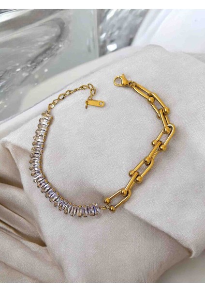 316L Çelik Gold Kararmaz Zirkon Taşlı Su Yolu Tiff Marka Bileklik