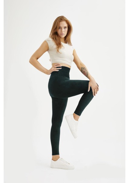 Kadın Oversize Büyük Beden French Veleour Kadife Fitilli Yeşil Tayt