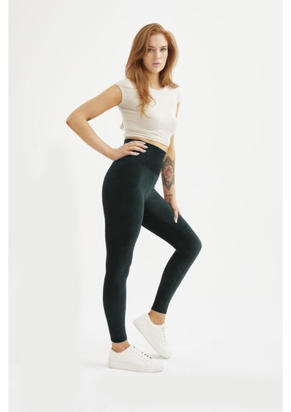 Kadın Oversize Büyük Beden French Veleour Kadife Fitilli Yeşil Tayt fiyatları