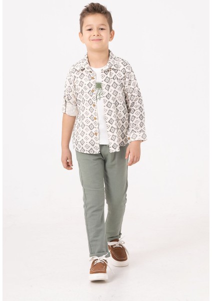 Etnik Desen Müslin Pamuk Gömlek Keten Pantolon Erkek çocuk takım - Yeşil