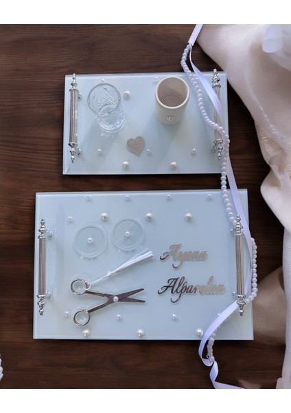 Bonding Gümüş Beyaz Incili Söz Tepsisi Nişan Tepsisi ve Damat Kahve Fincan Tepsisi