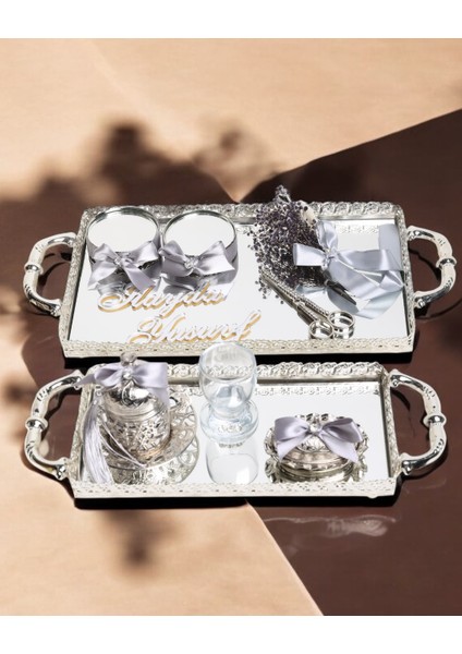 Affection Dantelli Gümüş Söz Nişan Tepsisi ve Damat Kahve Fincan Tepsisi