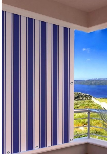Balkon Perdesi Kuş Gözü Ölçü Seçenekli Mavi Beyaz Çizgili