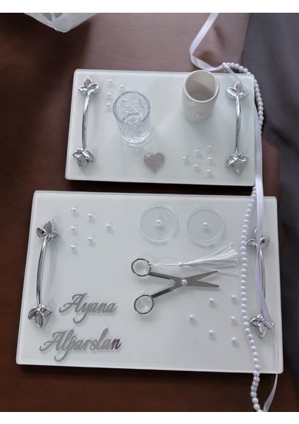Adore Gümüş Beyaz Incili Söz Tepsisi Nişan Tepsisi ve Damat Kahve Fincan Tepsisi